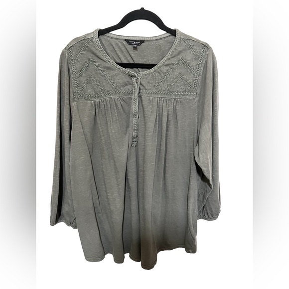 Lucky Brand Tops - Lucky Brand 3X Embroidered Henley Women Olive Green Cotton Shirt Boho Artsy